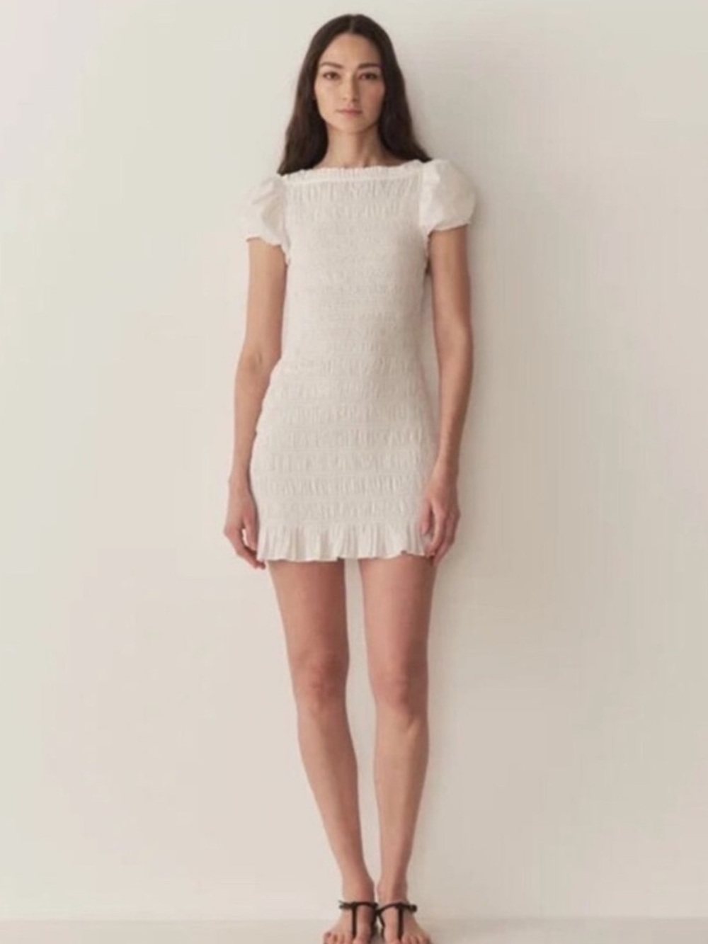 Dôen Rizzo White Smocked Mini Dress Salt White 100% Cotton Size M